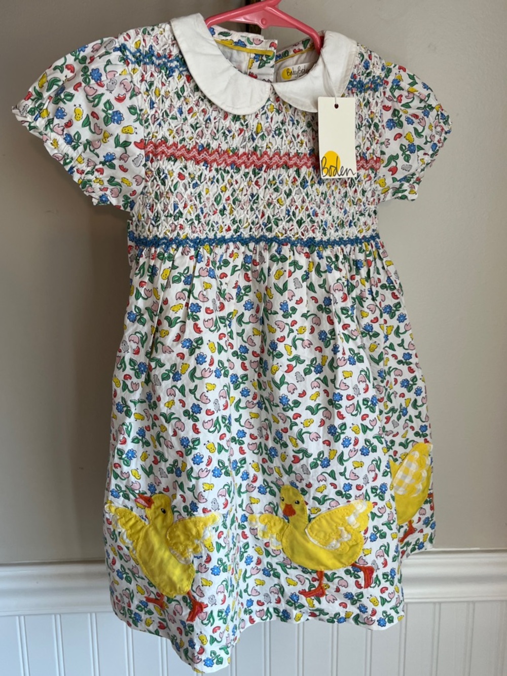 Baby Mini Boden NWT Floral Smocked Duck Appliqué Dress - 3-4Y - Peter Pan Collar